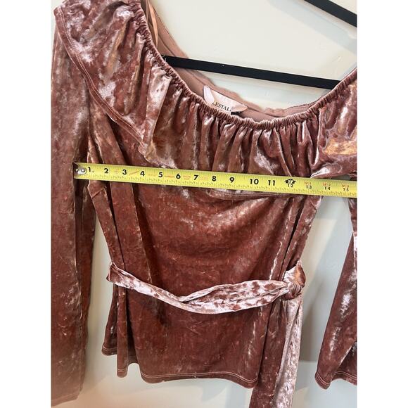 StyleStalker Clarissa Blush Crushed Velvet Ruffled Off the Shoulder Belted Top S - Picture 6 of 6